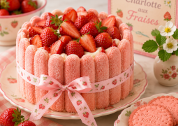 Charlotte aux fraises et biscuits roses